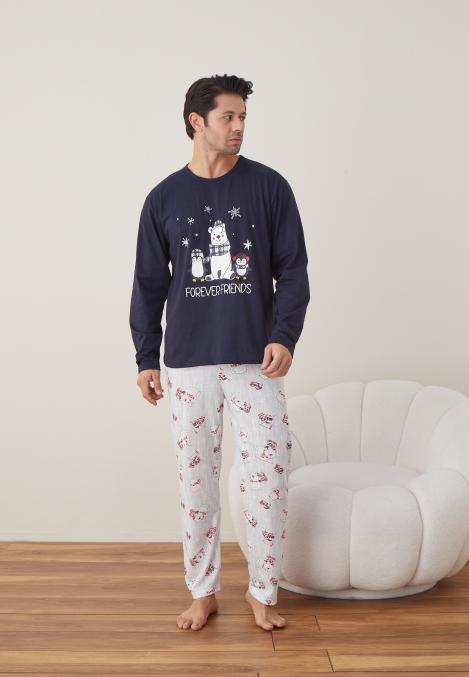 Pijama barbati Craciun "FOREVER FRIENDS " maneca lunga ,pantaloni lungi,Culoare Bleumarin ,Engros